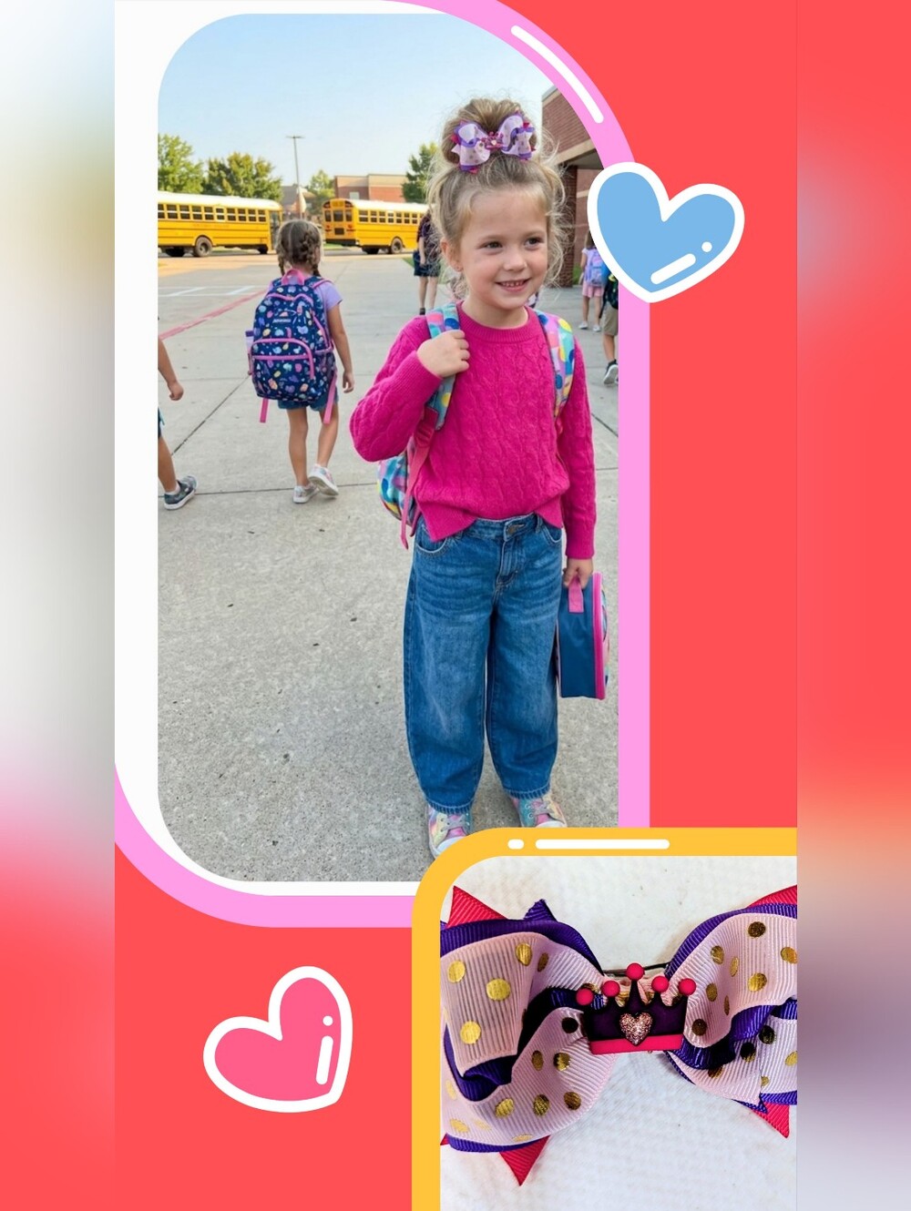 Back To School! NWT Crewcuts Hot Pink Sweater & Matching Handmade Bow Set S 6/7